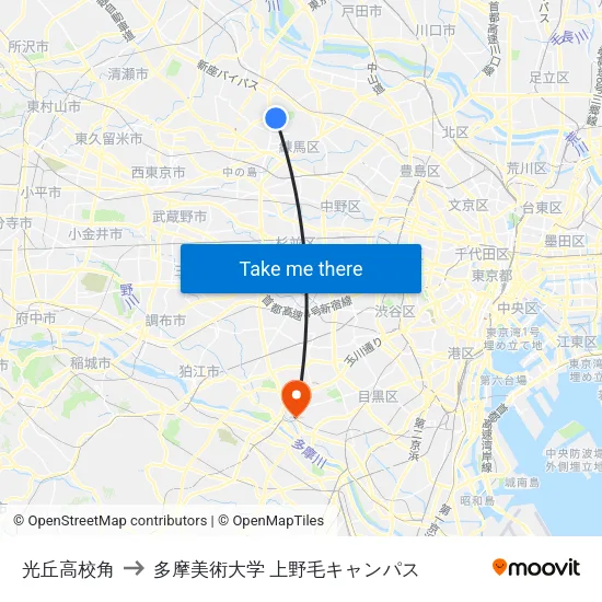 光丘高校角 to 多摩美術大学 上野毛キャンパス map