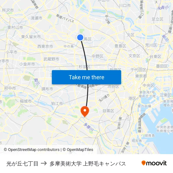 光が丘七丁目 to 多摩美術大学 上野毛キャンパス map