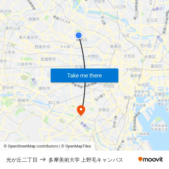 光が丘二丁目 to 多摩美術大学 上野毛キャンパス map