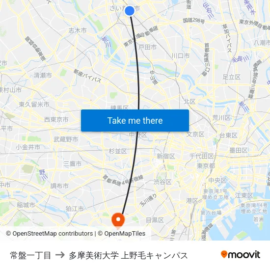 常盤一丁目 to 多摩美術大学 上野毛キャンパス map