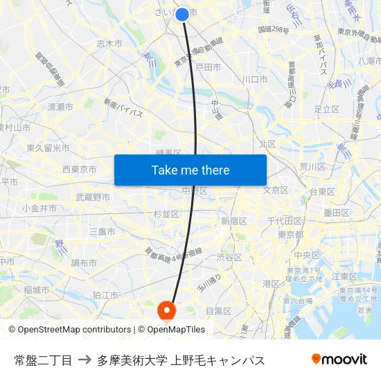 常盤二丁目 to 多摩美術大学 上野毛キャンパス map