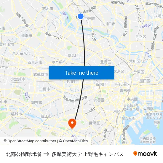 北部公園野球場 to 多摩美術大学 上野毛キャンパス map