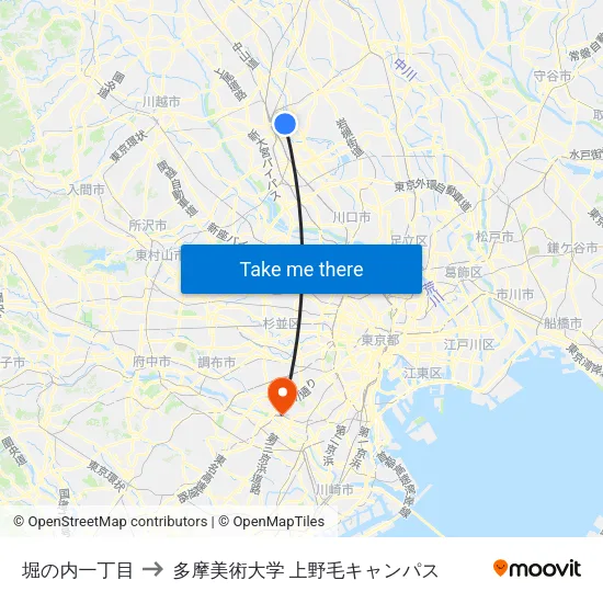 堀の内一丁目 to 多摩美術大学 上野毛キャンパス map