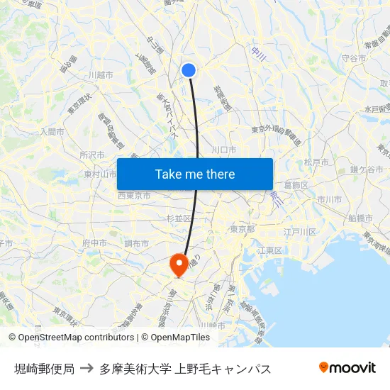 堀崎郵便局 to 多摩美術大学 上野毛キャンパス map