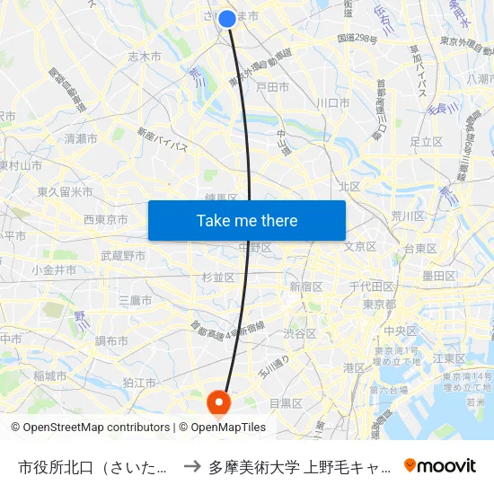 市役所北口（さいたま市） to 多摩美術大学 上野毛キャンパス map