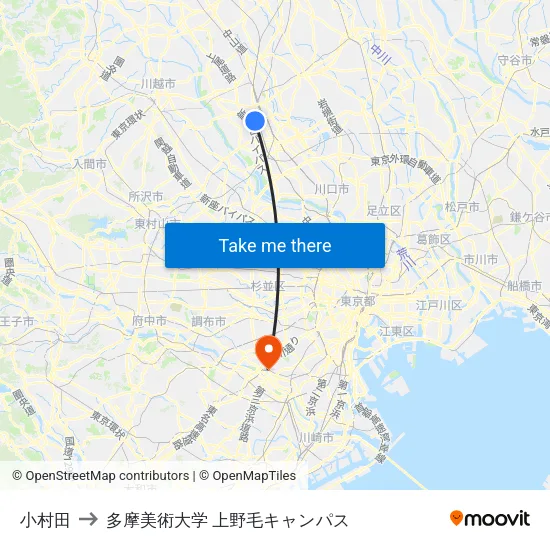 小村田 to 多摩美術大学 上野毛キャンパス map