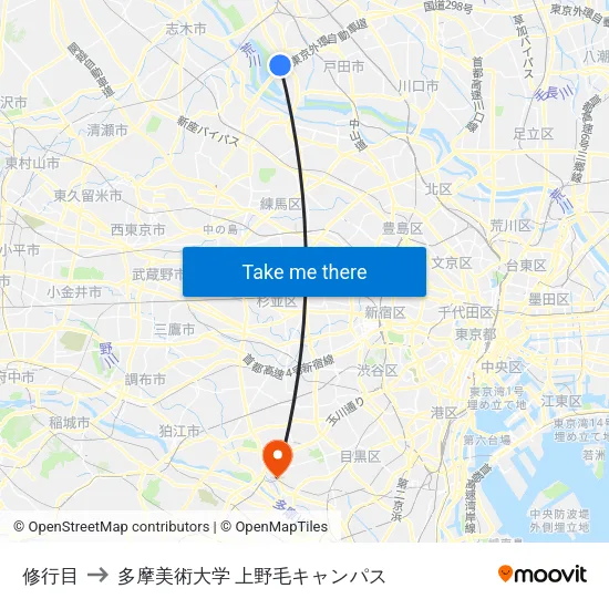 修行目 to 多摩美術大学 上野毛キャンパス map