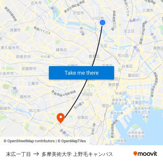 末広一丁目 to 多摩美術大学 上野毛キャンパス map