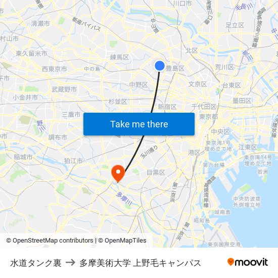 水道タンク裏 to 多摩美術大学 上野毛キャンパス map