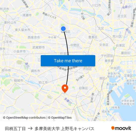 田柄五丁目 to 多摩美術大学 上野毛キャンパス map