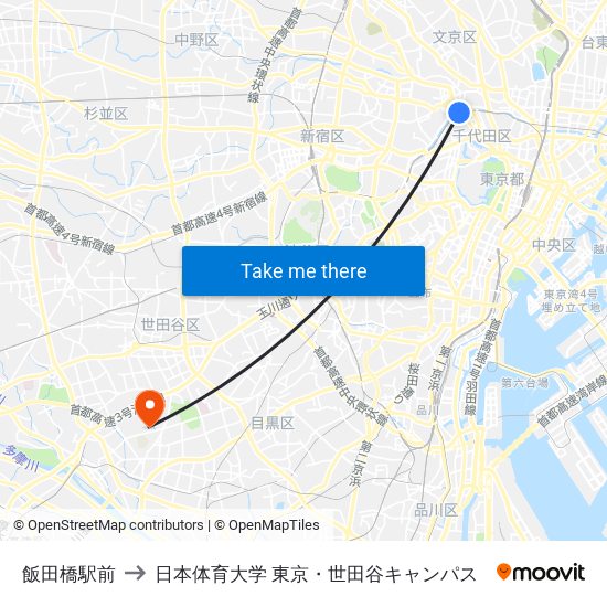 飯田橋駅前 to 日本体育大学 東京・世田谷キャンパス map