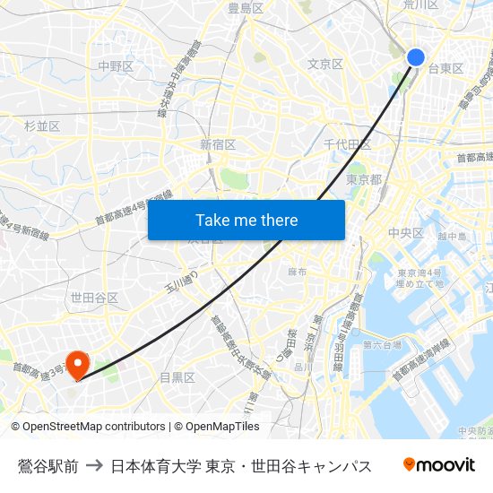 鶯谷駅前 to 日本体育大学 東京・世田谷キャンパス map