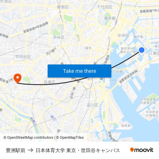 豊洲駅前 to 日本体育大学 東京・世田谷キャンパス map