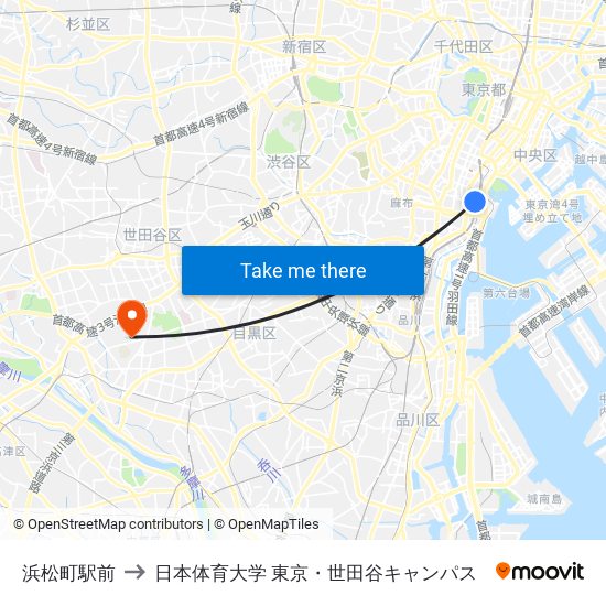 浜松町駅前 to 日本体育大学 東京・世田谷キャンパス map