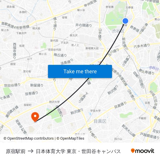 原宿駅前 to 日本体育大学 東京・世田谷キャンパス map
