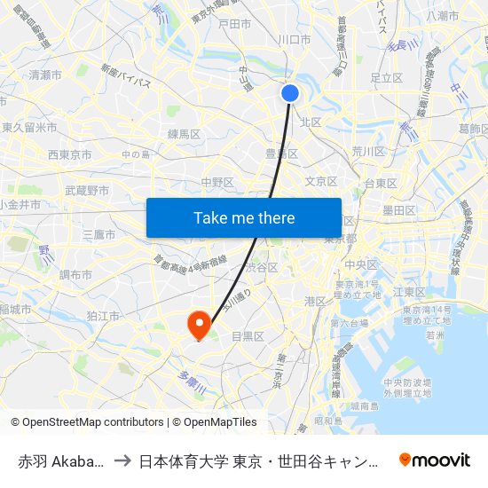 赤羽 Akabane to 日本体育大学 東京・世田谷キャンパス map