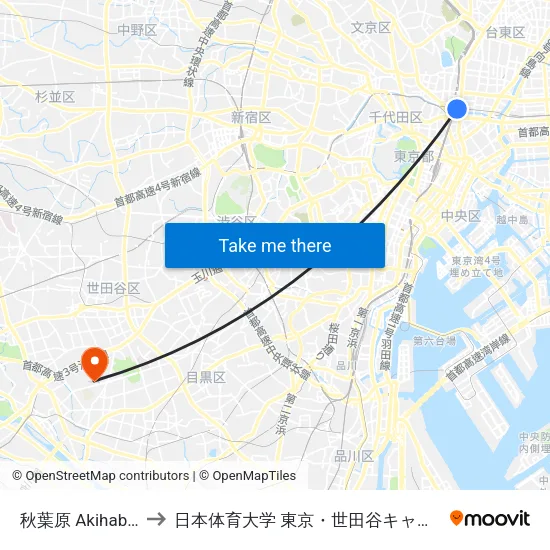 秋葉原 Akihabara to 日本体育大学 東京・世田谷キャンパス map