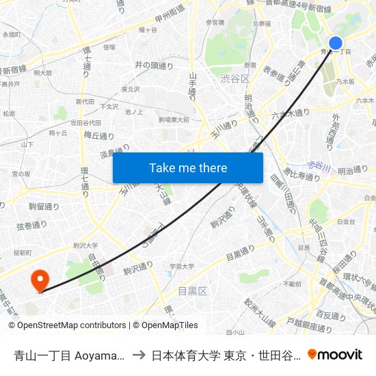 青山一丁目 Aoyama-Itchome to 日本体育大学 東京・世田谷キャンパス map