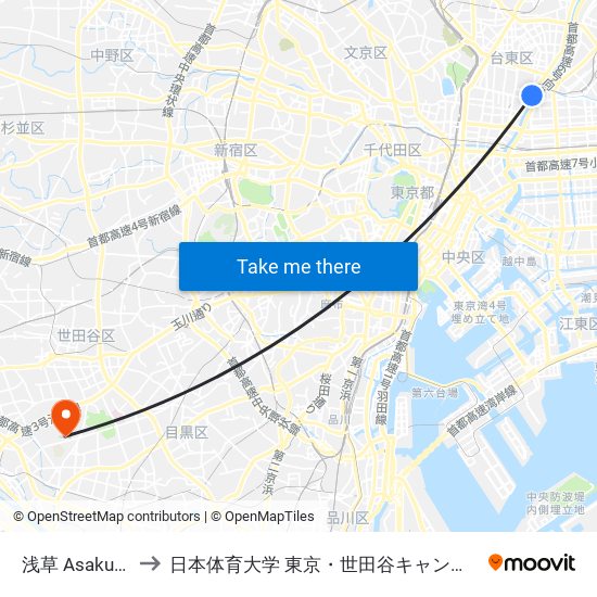 浅草 Asakusa to 日本体育大学 東京・世田谷キャンパス map