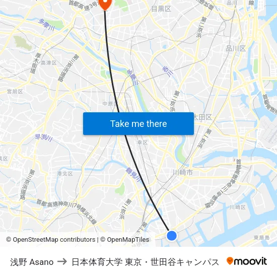 浅野 Asano to 日本体育大学 東京・世田谷キャンパス map
