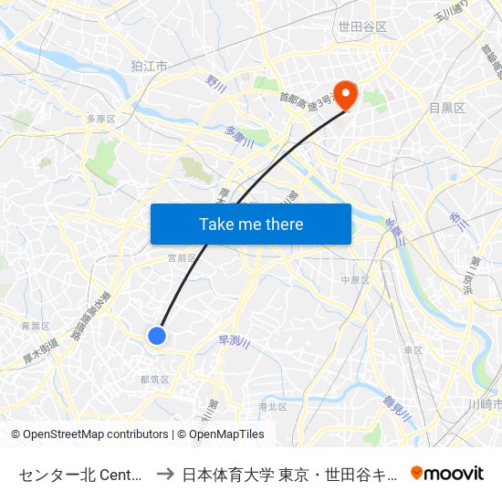 センター北 Center Kita to 日本体育大学 東京・世田谷キャンパス map