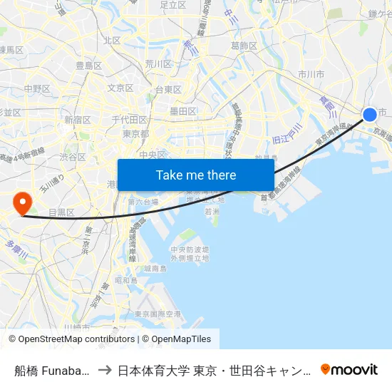 船橋 Funabashi to 日本体育大学 東京・世田谷キャンパス map