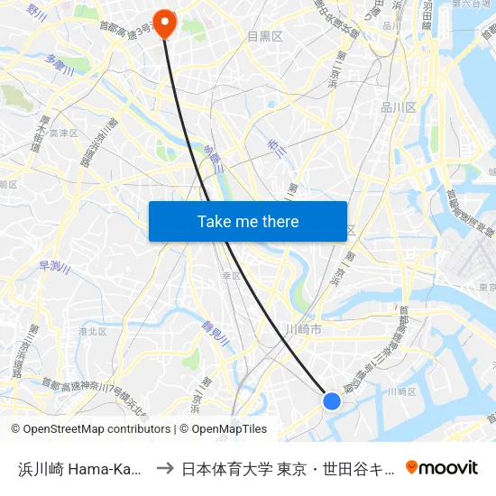 浜川崎 Hama-Kawasaki to 日本体育大学 東京・世田谷キャンパス map