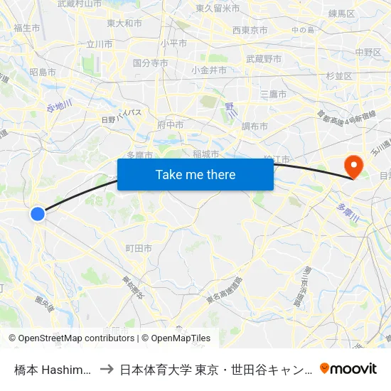 橋本 Hashimoto to 日本体育大学 東京・世田谷キャンパス map