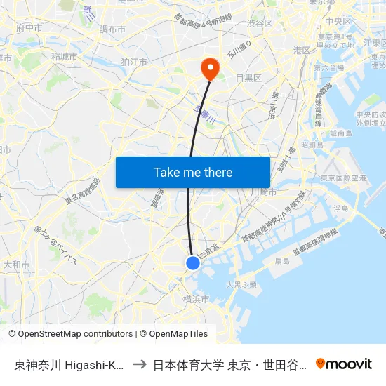 東神奈川 Higashi-Kanagawa to 日本体育大学 東京・世田谷キャンパス map