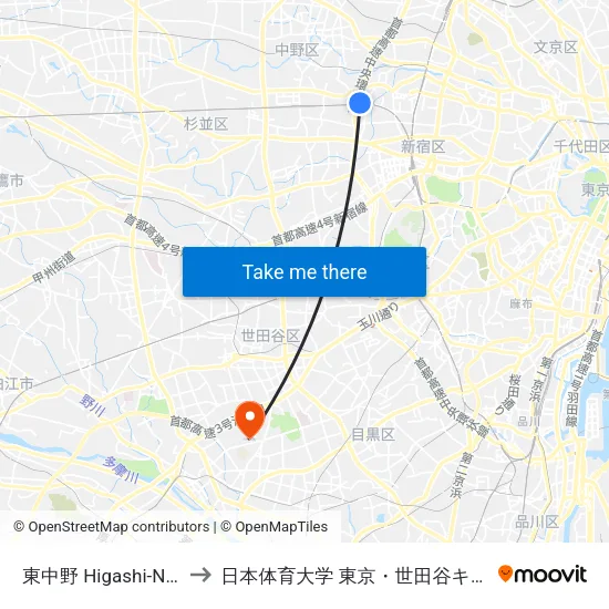 東中野 Higashi-Nakano to 日本体育大学 東京・世田谷キャンパス map