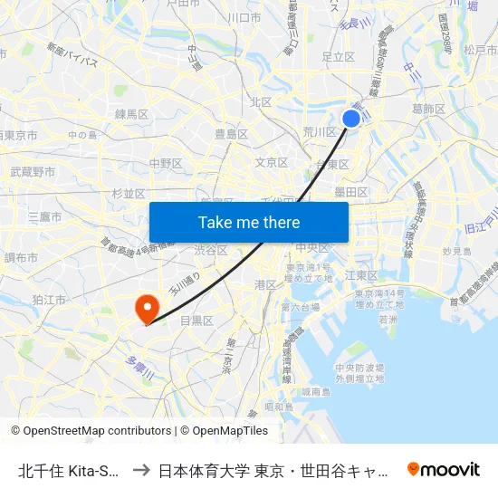 北千住 Kita-Senju to 日本体育大学 東京・世田谷キャンパス map