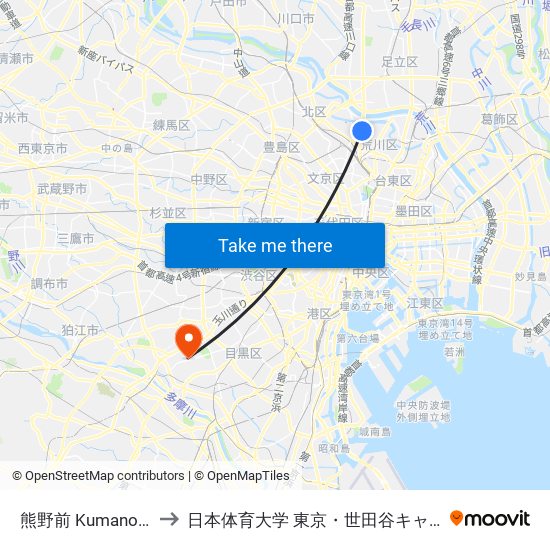 熊野前 Kumanomae to 日本体育大学 東京・世田谷キャンパス map