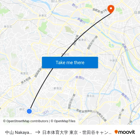 中山 Nakayama to 日本体育大学 東京・世田谷キャンパス map