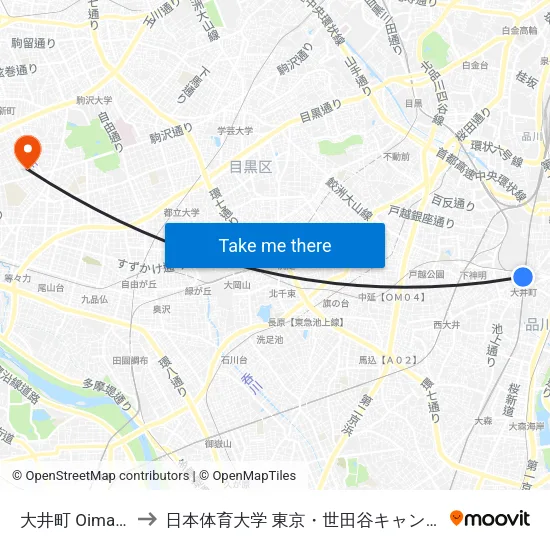 大井町 Oimachi to 日本体育大学 東京・世田谷キャンパス map