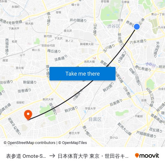 表参道 Omote-Sando to 日本体育大学 東京・世田谷キャンパス map