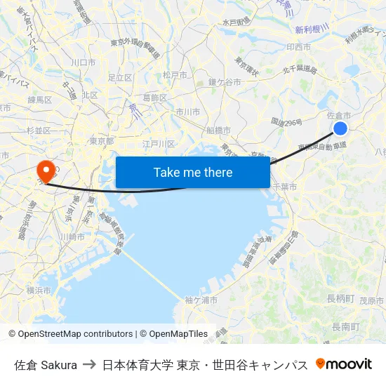 佐倉 Sakura to 日本体育大学 東京・世田谷キャンパス map