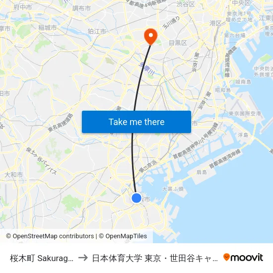 桜木町 Sakuragicho to 日本体育大学 東京・世田谷キャンパス map