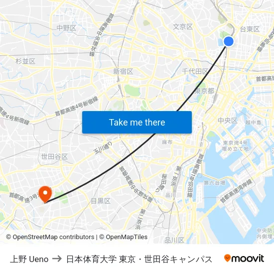 上野 Ueno to 日本体育大学 東京・世田谷キャンパス map