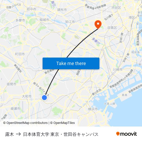 露木 to 日本体育大学 東京・世田谷キャンパス map
