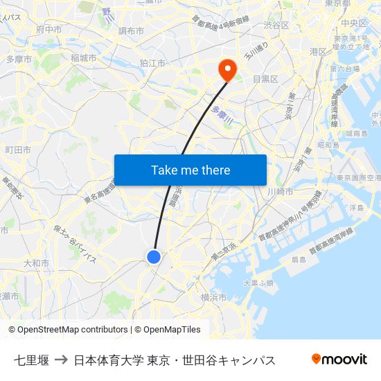 七里堰 to 日本体育大学 東京・世田谷キャンパス map