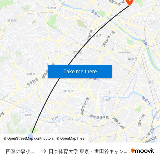 四季の森小学校 to 日本体育大学 東京・世田谷キャンパス map