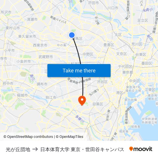 光が丘団地 to 日本体育大学 東京・世田谷キャンパス map