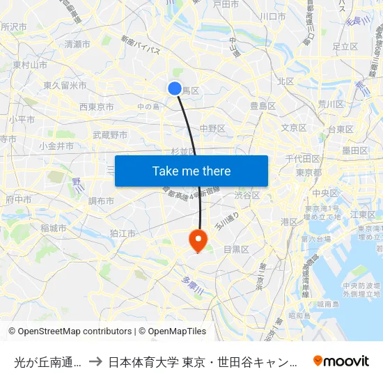 光が丘南通り to 日本体育大学 東京・世田谷キャンパス map