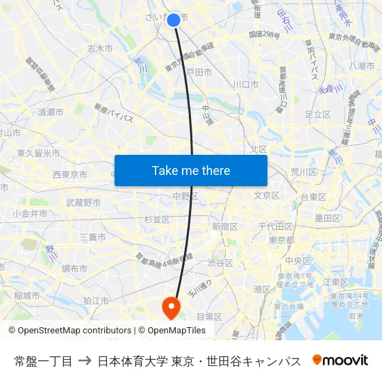 常盤一丁目 to 日本体育大学 東京・世田谷キャンパス map