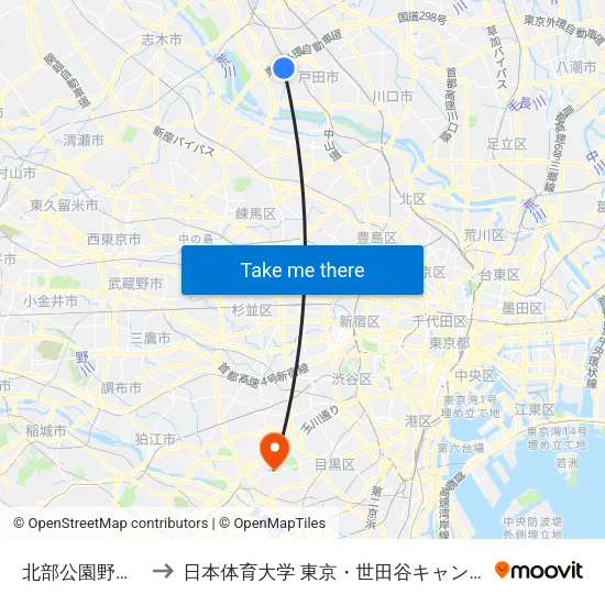 北部公園野球場 to 日本体育大学 東京・世田谷キャンパス map
