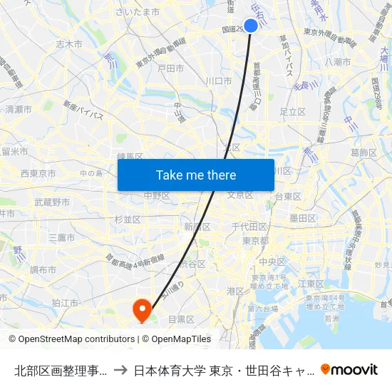 北部区画整理事務所 to 日本体育大学 東京・世田谷キャンパス map