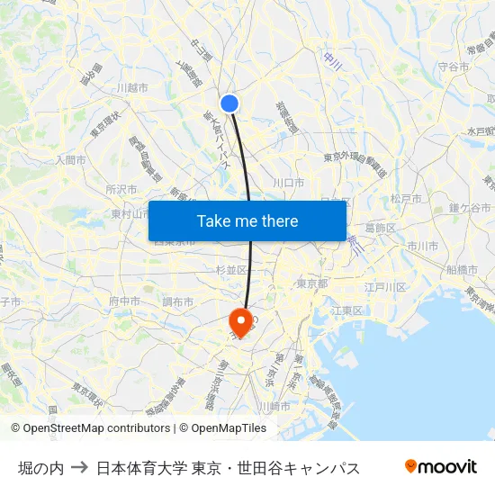 堀の内 to 日本体育大学 東京・世田谷キャンパス map