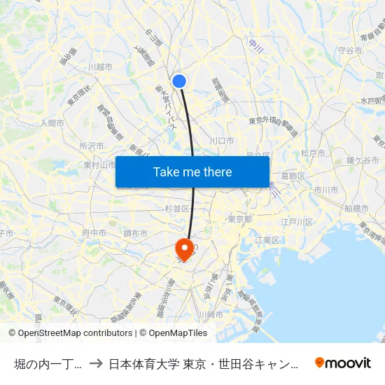 堀の内一丁目 to 日本体育大学 東京・世田谷キャンパス map