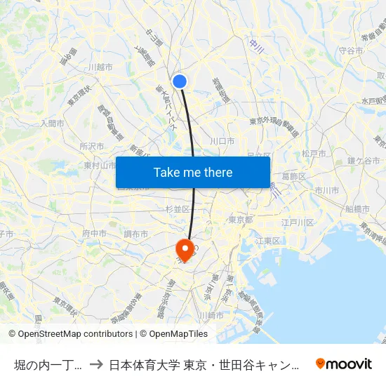 堀の内一丁目 to 日本体育大学 東京・世田谷キャンパス map