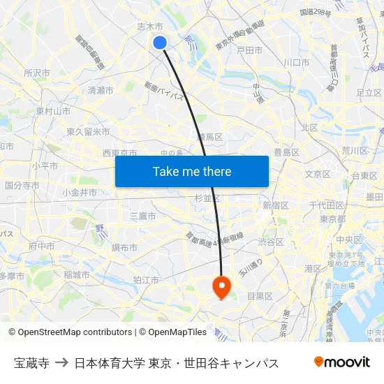 宝蔵寺 to 日本体育大学 東京・世田谷キャンパス map